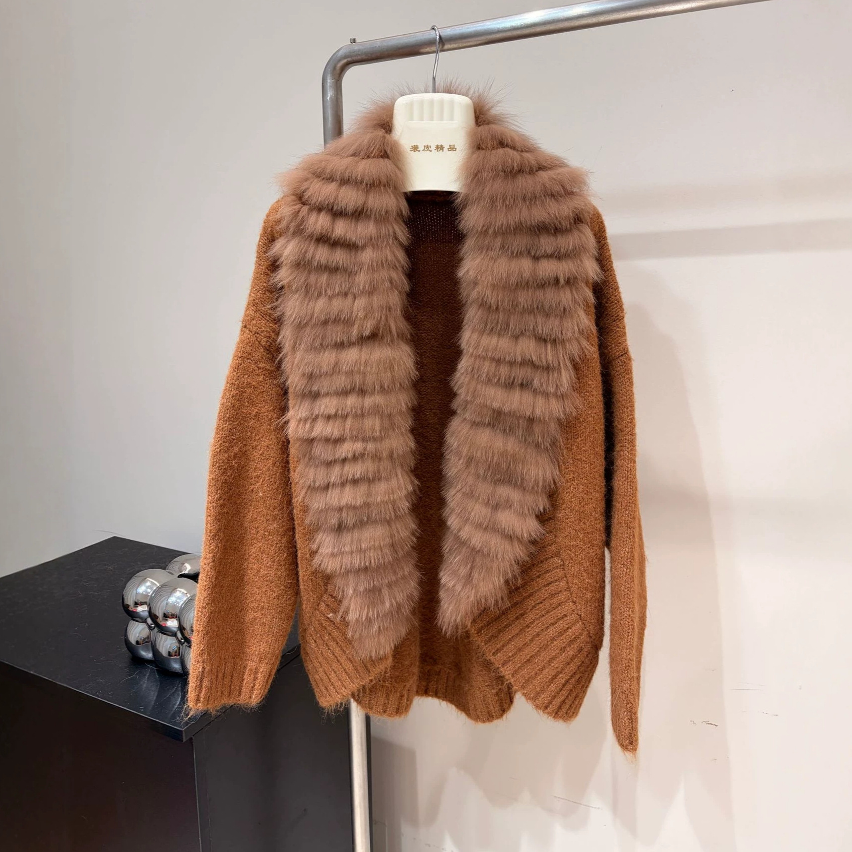 Women's Fox Fur Striped Short Knit Sweater with Fur Collar - Image 3