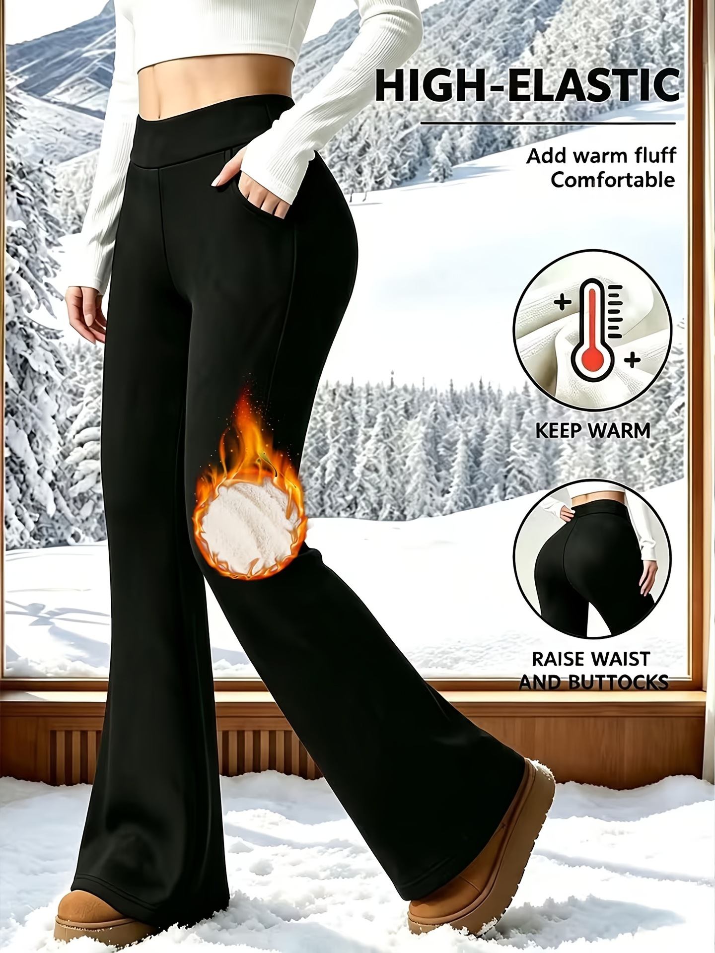 Winter sports warm high waist Slant pocket plus velvet fashion micro flared pants - Image 5