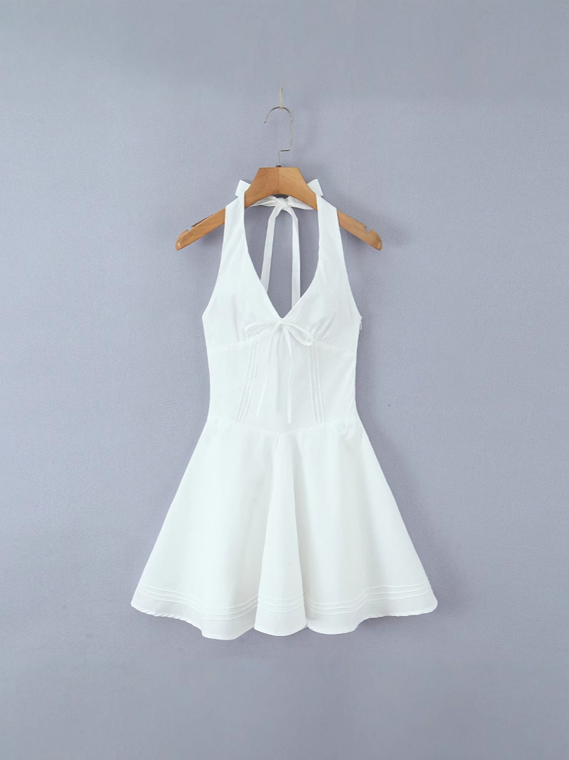 French Design Deep V Neck Open Back Halter Mini Dress Slim A-Line Summer Dress - Image 5