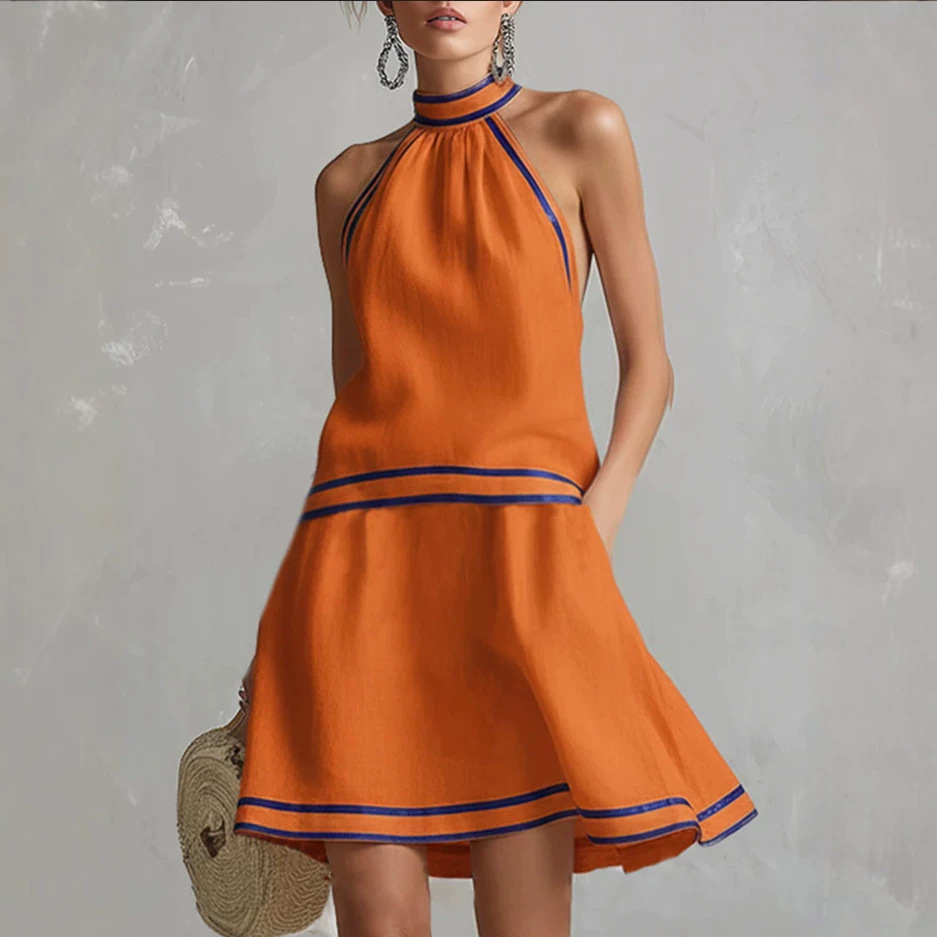 Halter Neck Striped Trim Dress - Image 2