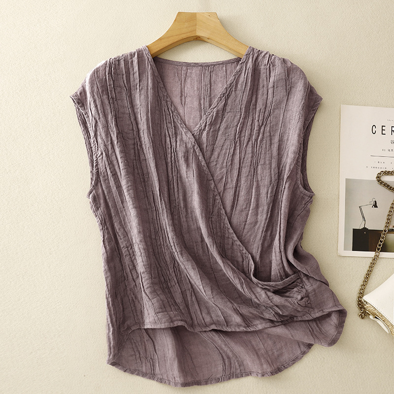 Women's Artistic Retro Sand-Washed V-Neck Patchwork Top with Flowing Sleeves - Image 3