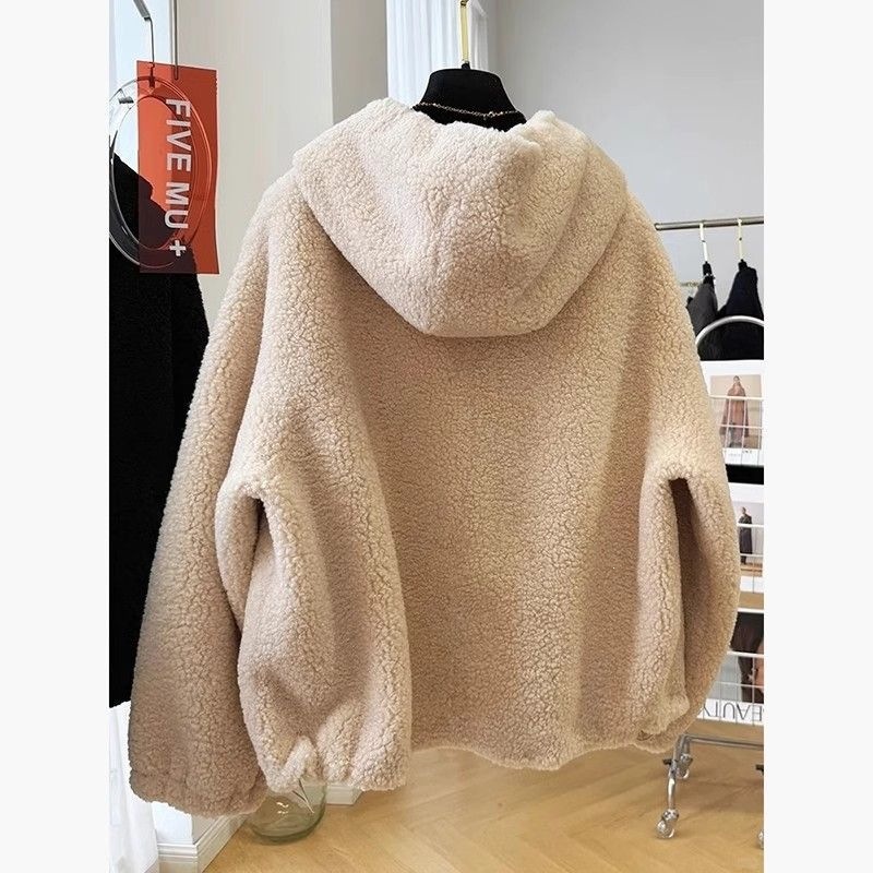 Solid Color Hooded Lamb Wool Coat Loose Fit Long Sleeve Outerwear - Image 3
