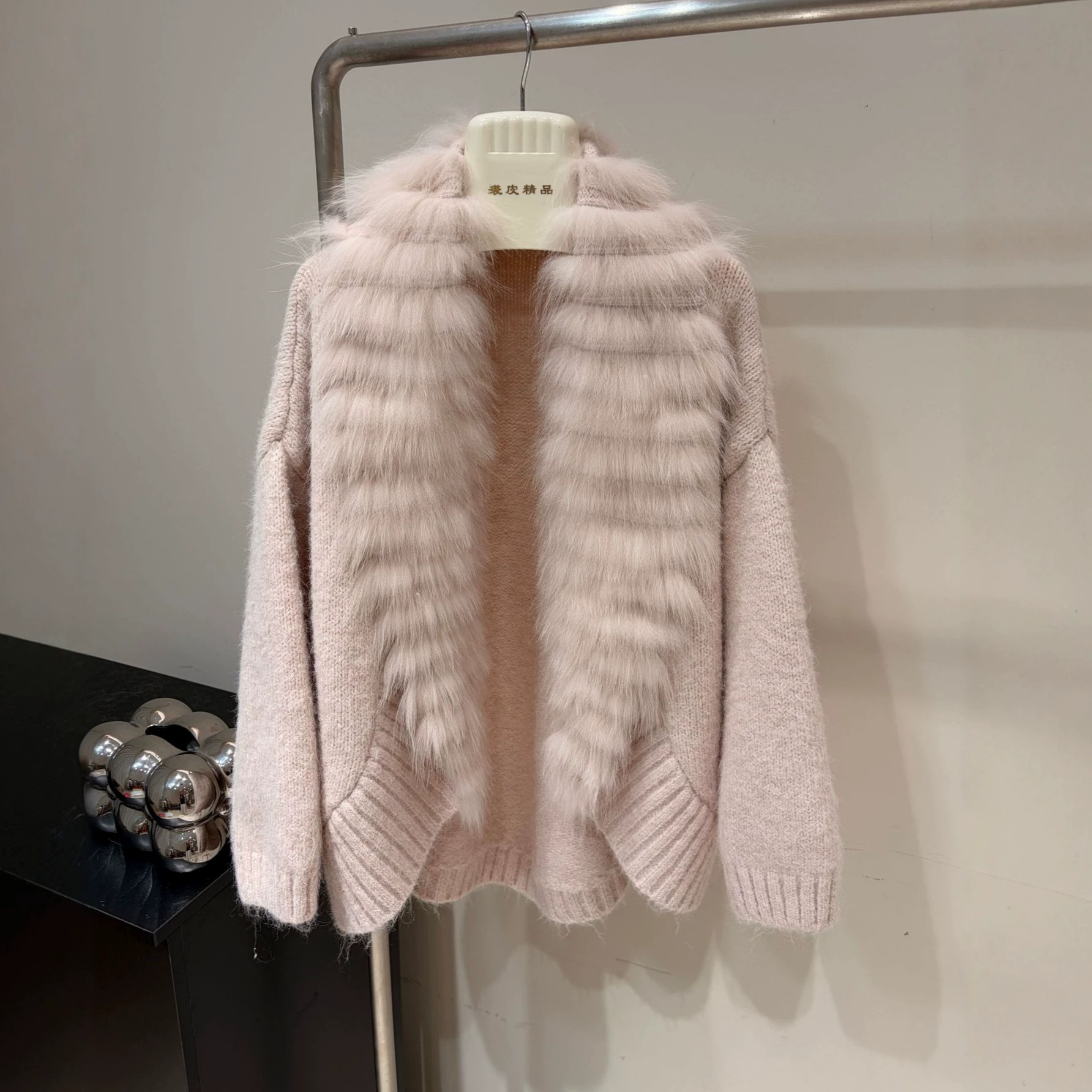 Women's Fox Fur Striped Short Knit Sweater with Fur Collar - Image 5