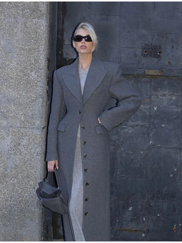 spring new lapel solid color single-breasted slim long coat - Image 3
