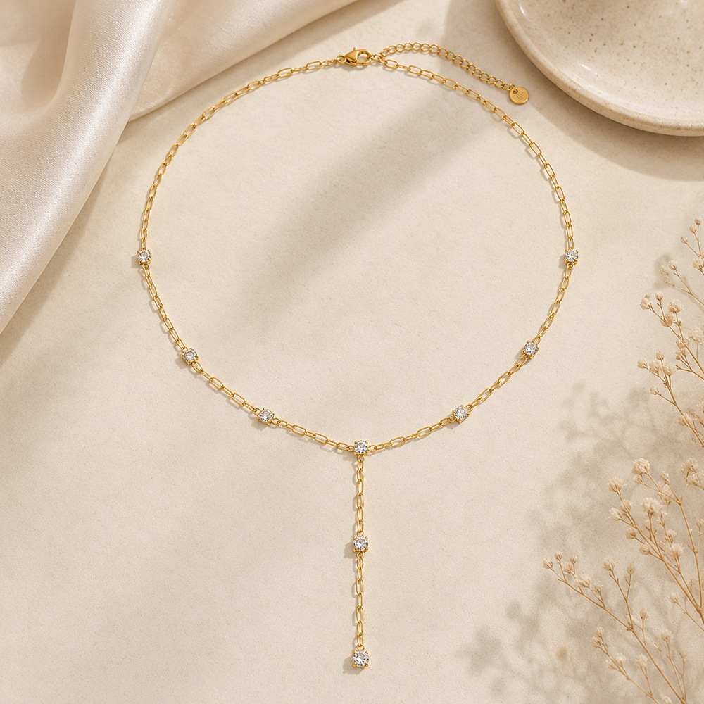 Stainless Steel Necklace Geometric Zircon Inlay 18K Gold Plated - Image 2