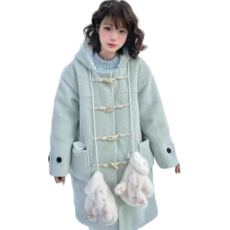 Lady's mint green hooded lambskin mid-length loose-fitting coat - Image 5