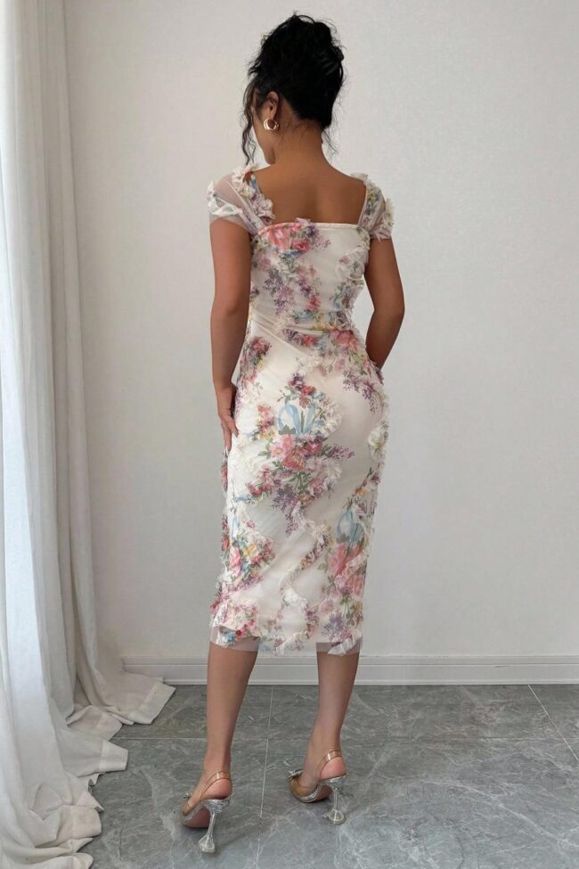 The Cecile Elegant Mesh Floral Print Pleated Dress Detail – La Rose Couture Dresses & Gowns