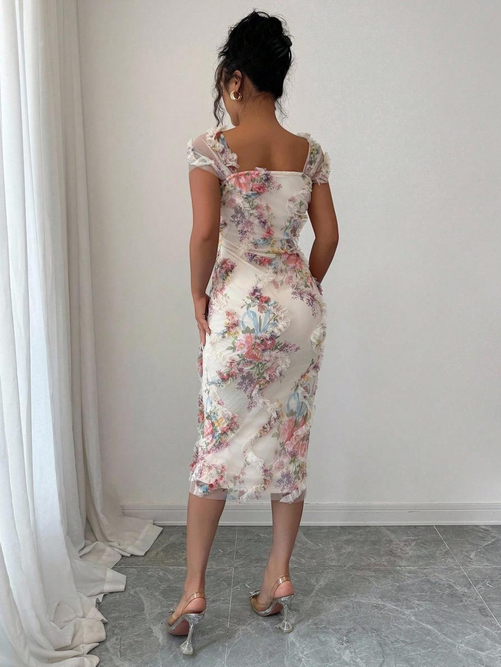 Elegant Mesh Floral Print Pleated Dress - Image 3