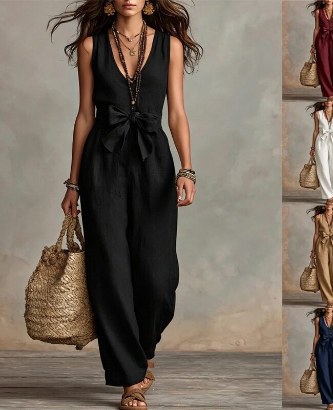 The Audrey V Neck Sleeveless Wide Leg Jumpsuit with Bow Belt – La Rose Couture Dresses & Gowns