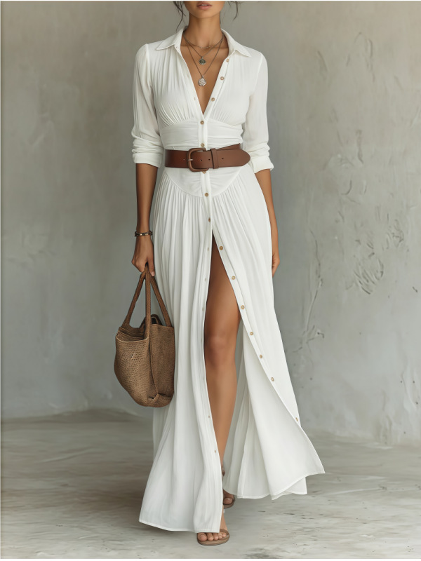 V-Neck Long Slit Shirt Dress for Women - Image 3