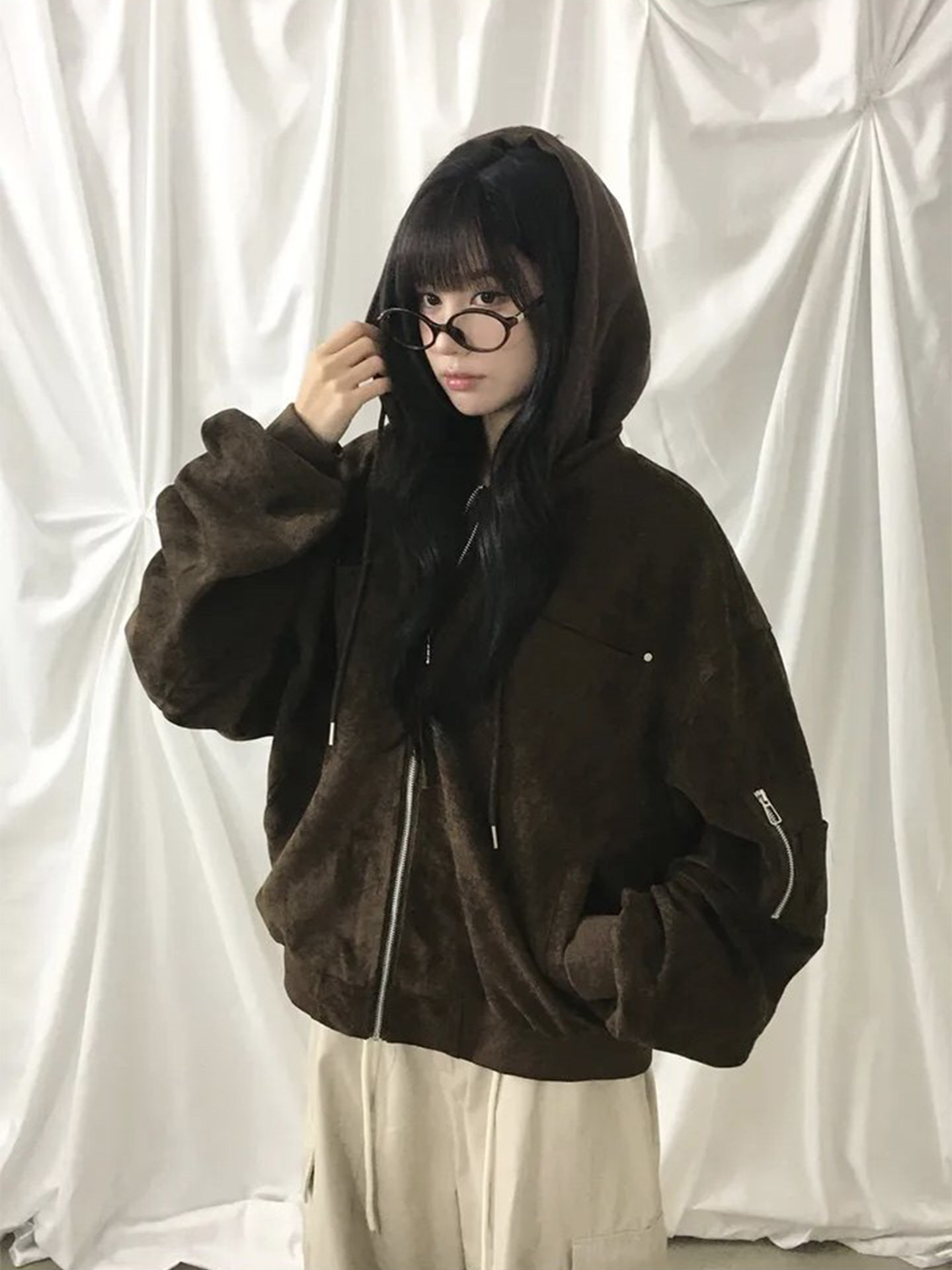 Women's Faux Two-Piece Hooded Biker Jacket - Image 5