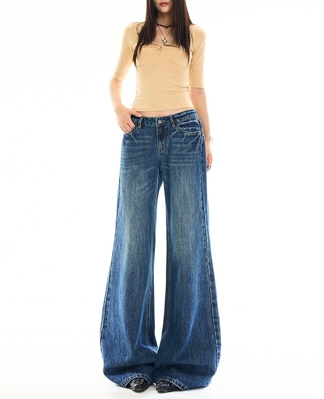 The Solene Casual Omni Vintage Cat Claw Cracked Bamboo Pattern Slightly Flared Jeans Relaxed Pants Detail – La Rose Couture Trousers & Skirts
