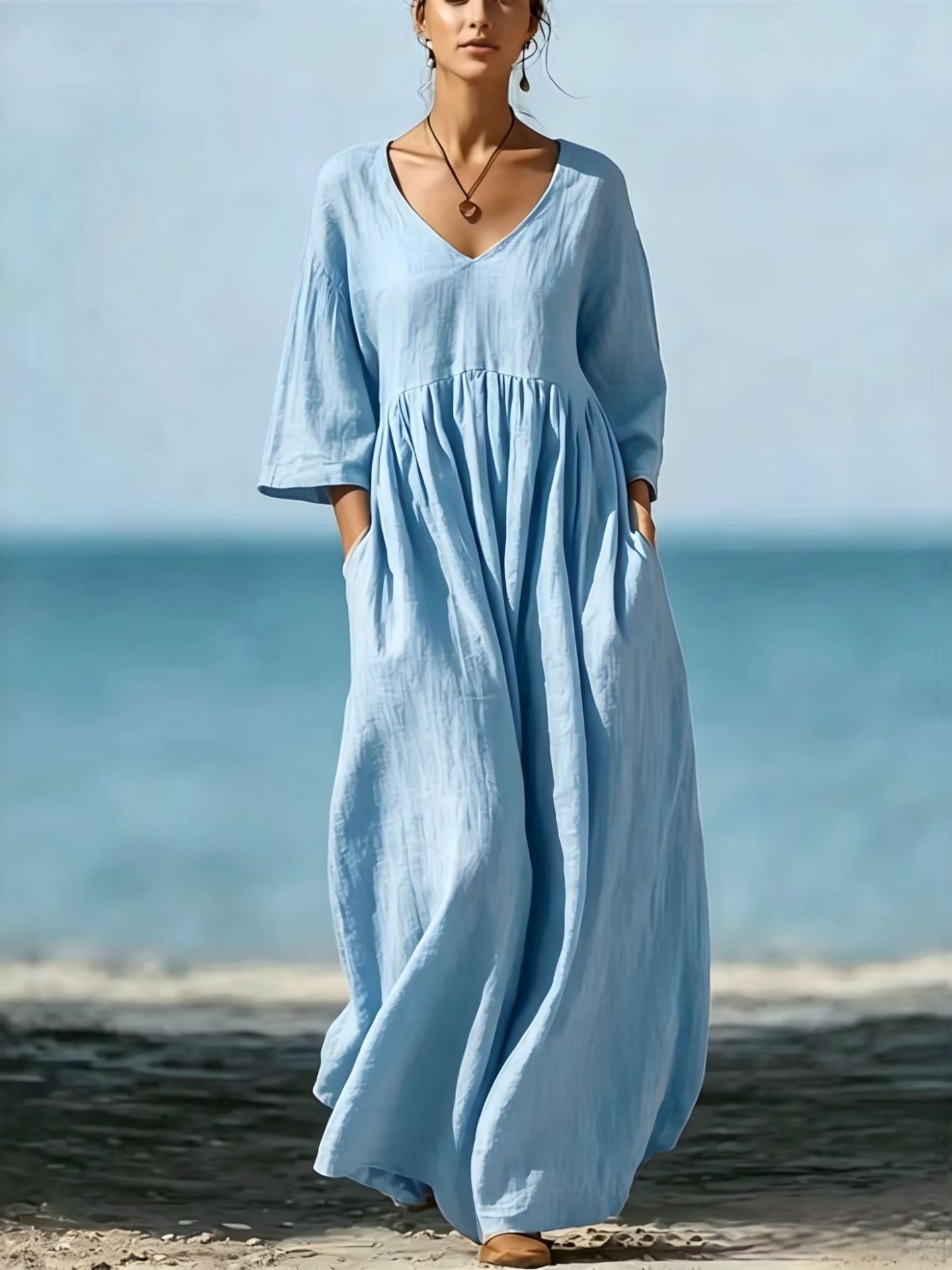 V-neck five-button casual loose pure-color dress - Image 3