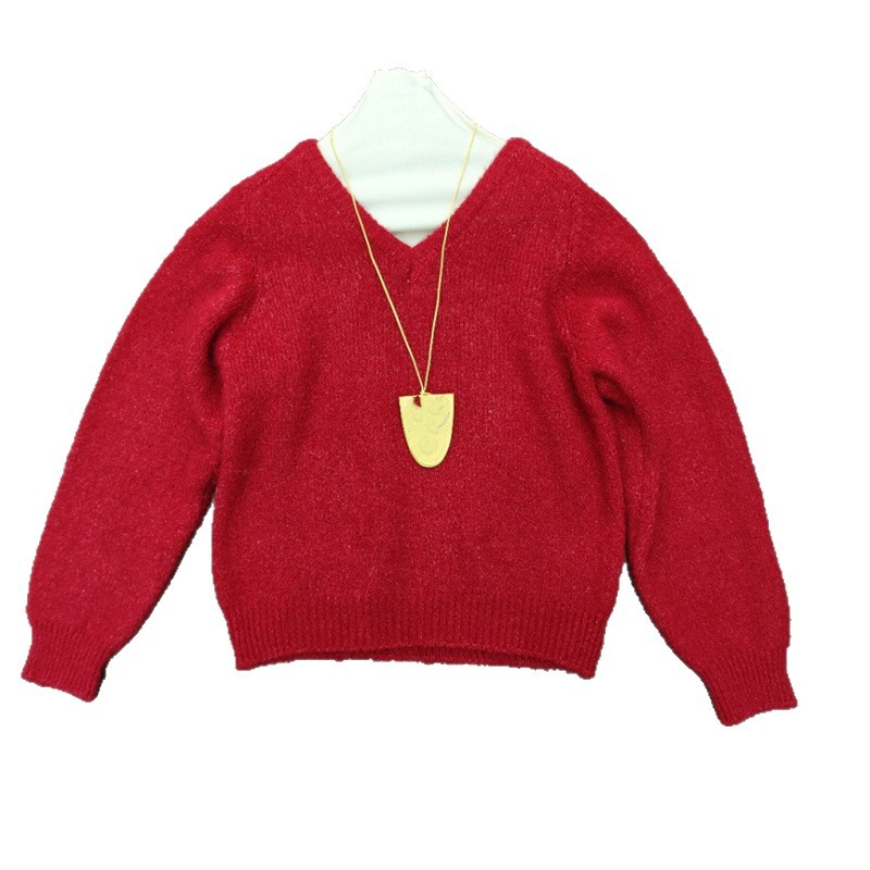 Solid Color V-Neck Knitted Pullover Long Sleeve Loose Fit Sweater for Women - Image 3