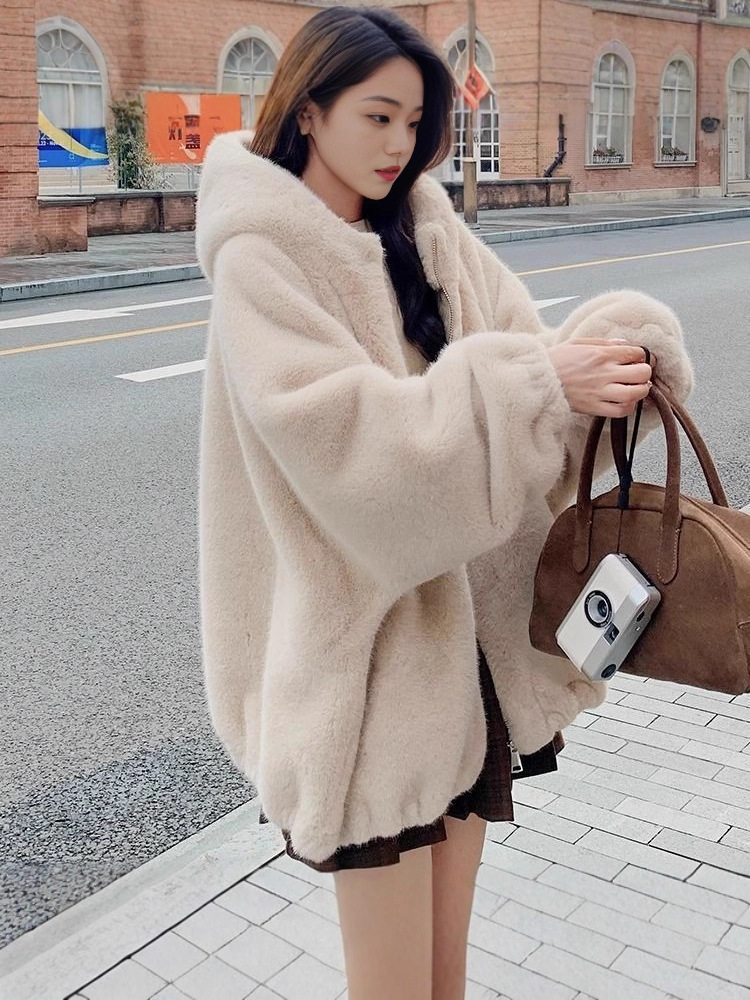 Women Short Plush Hooded Coat - Image 5