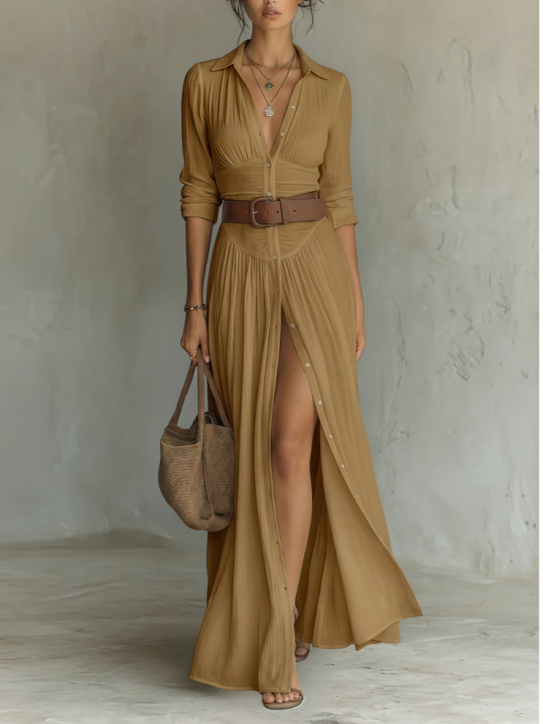 V-Neck Long Slit Shirt Dress for Women - Image 4