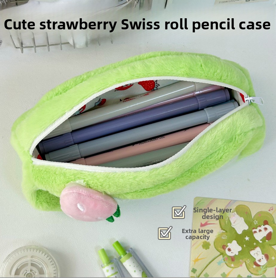Cute Plush Swiss Roll Large Capacity Makeup Stationery Storage Pouch - Image 4