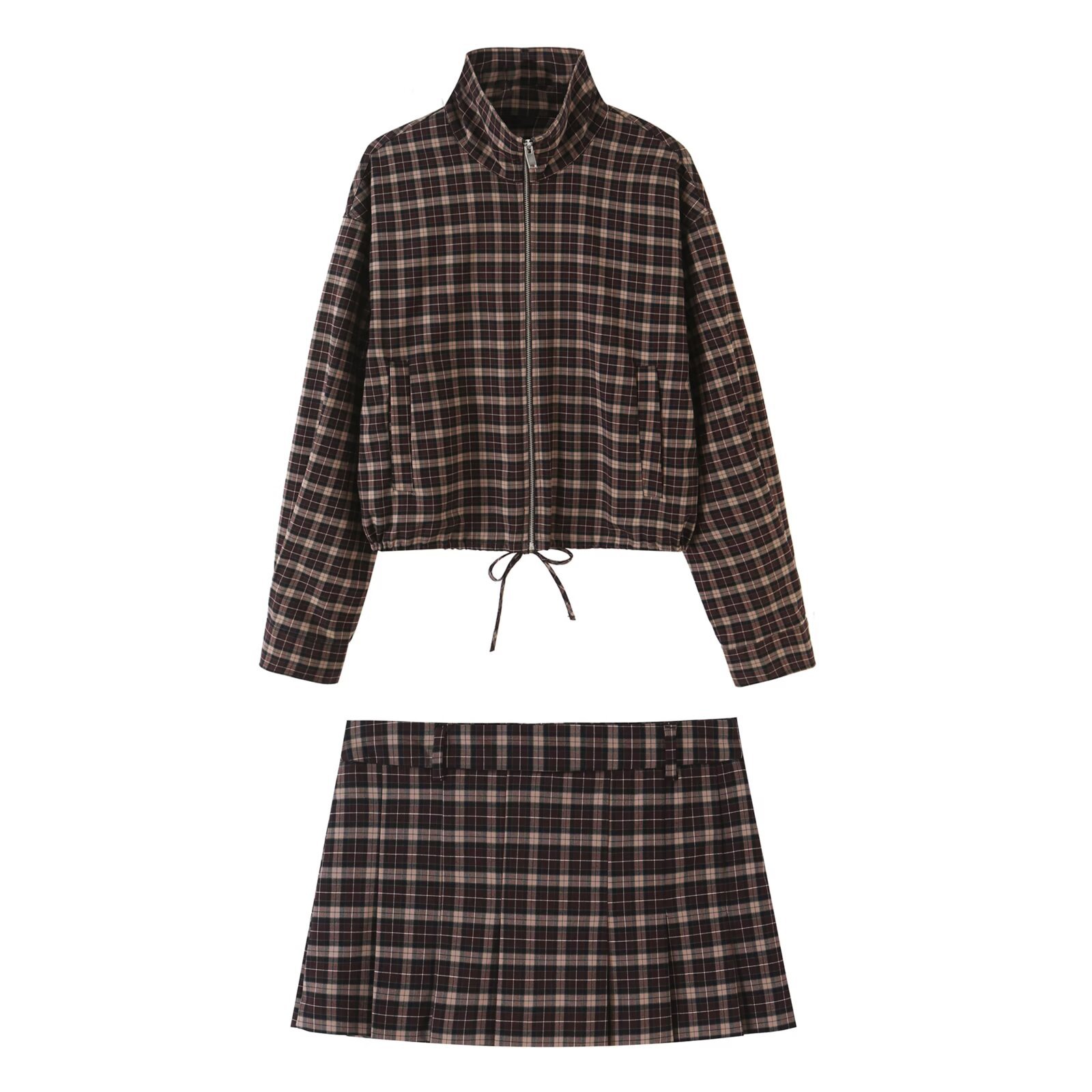Womens Chain Plaid Jacket and Wide Pleated Skirt Pants Set - Image 3