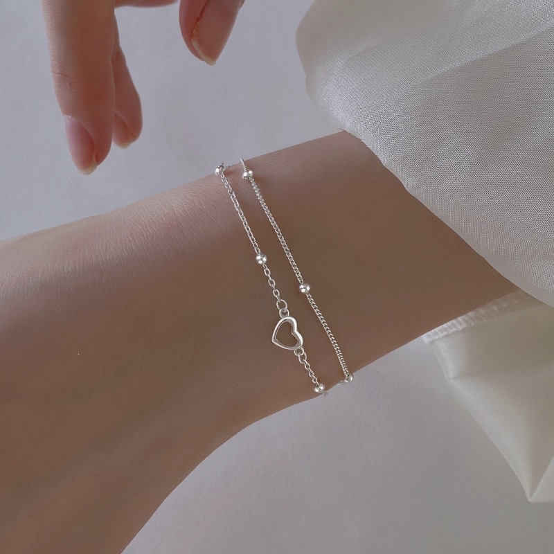 S925 Sterling Silver Double-Layer Heart Pendant Bracelet