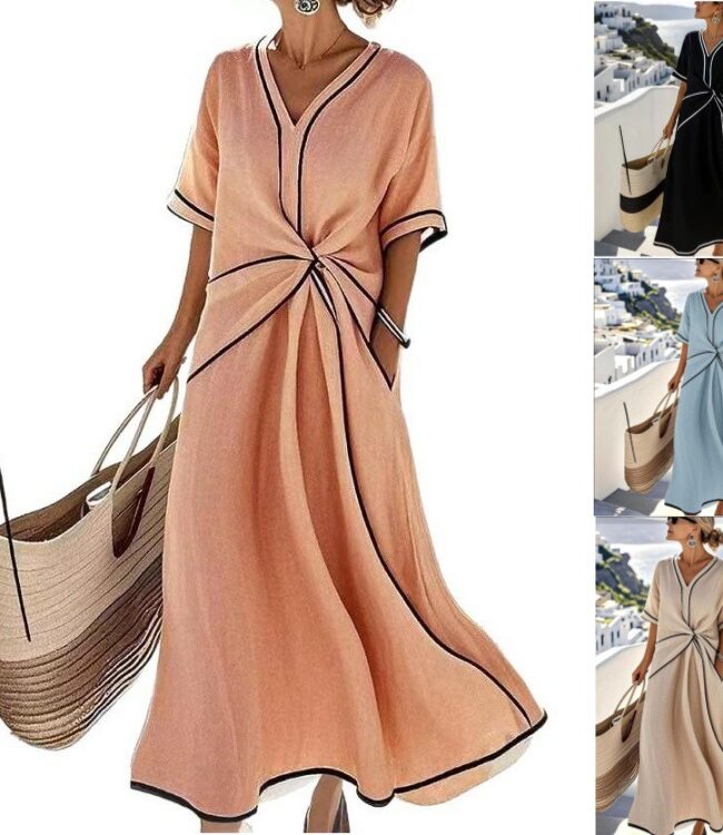 The Veronique Elegant V Neck Short Sleeve a Line Dress Loose Fit – La Rose Couture Dresses & Gowns