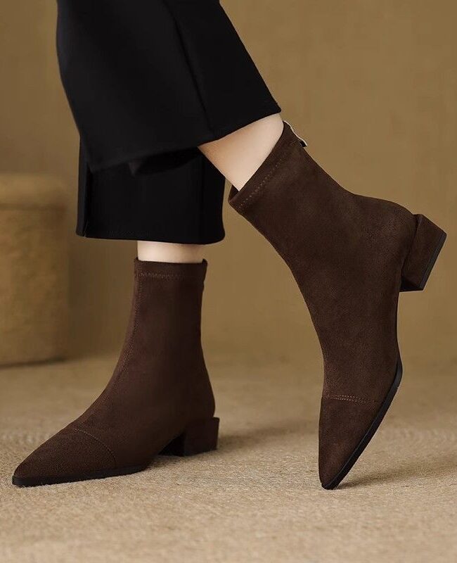 The Alix Flat French Point Toe Boots Thick Heeled – La Rose Couture Shoes & Footwear