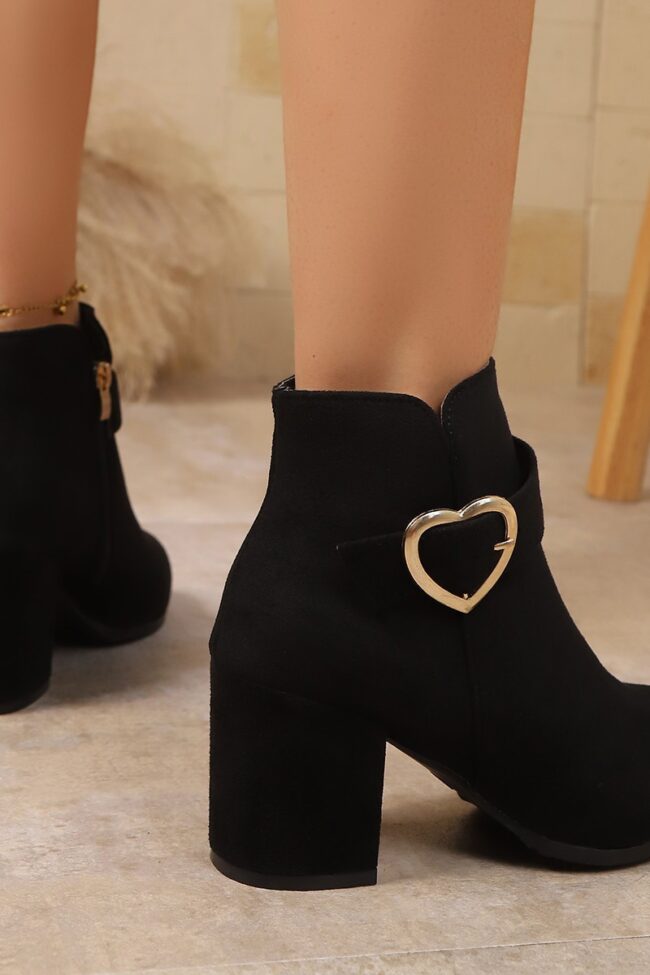 Heart Metal Buckle Suede Mid Heel Short Boots with Side Zipper Detail – La Rose Couture Shoes & Footwear