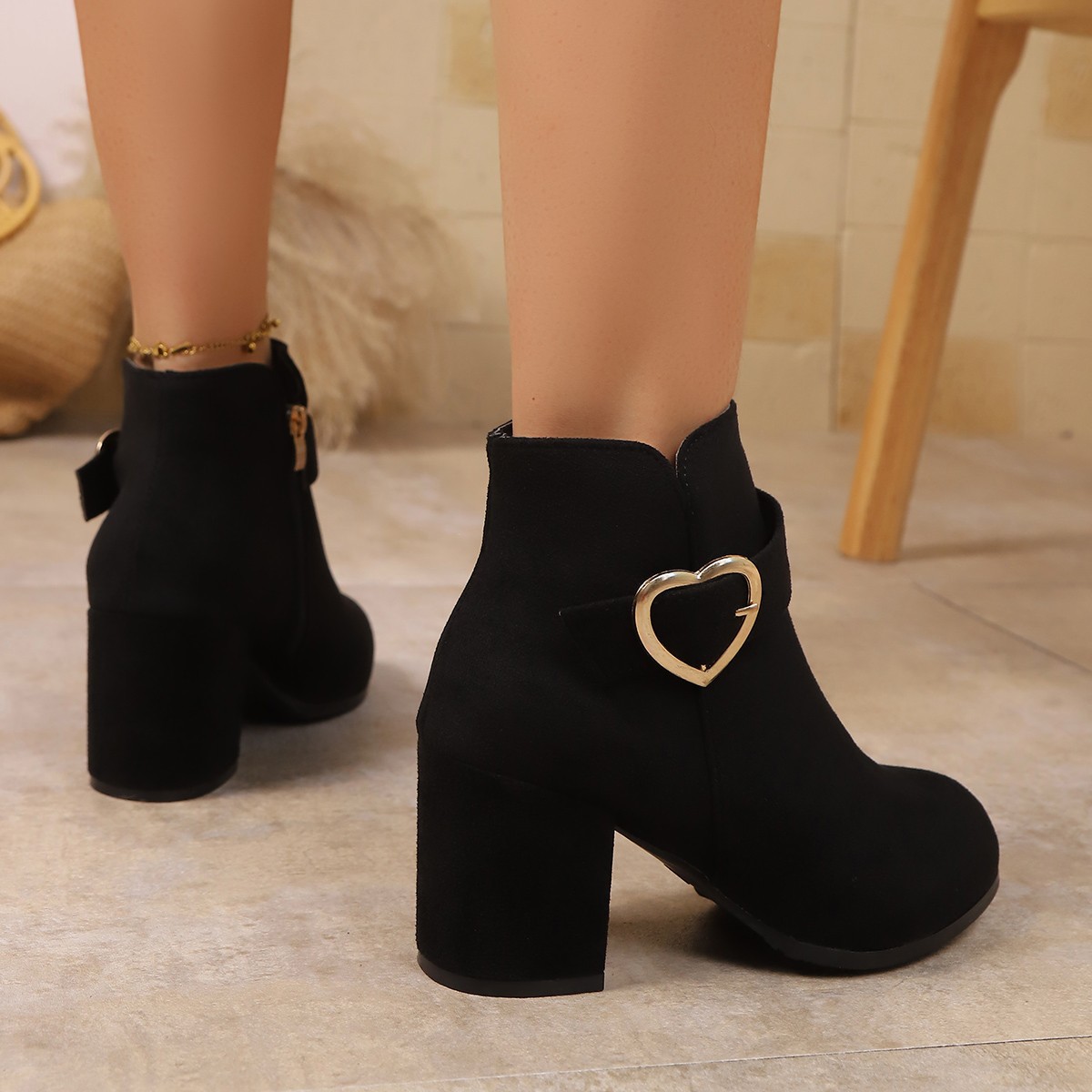 Women's Heart Metal Buckle Suede Mid-Heel Short Boots with Side Zipper - Image 3