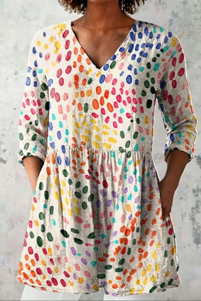 The Prudence Printed V Neck Mid Sleeve Loose T Shirt Detail – La Rose Couture Tops & Blouses