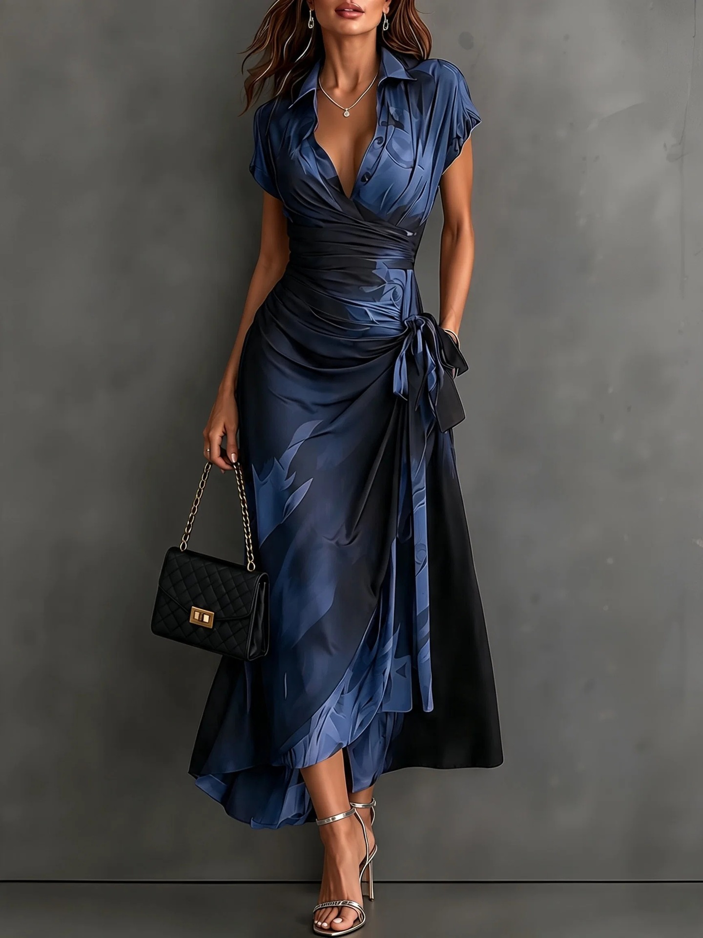 Womens Ink Print Wrap Dress with Collar Short Sleeves High Waist Tie Side Slit - Image 3
