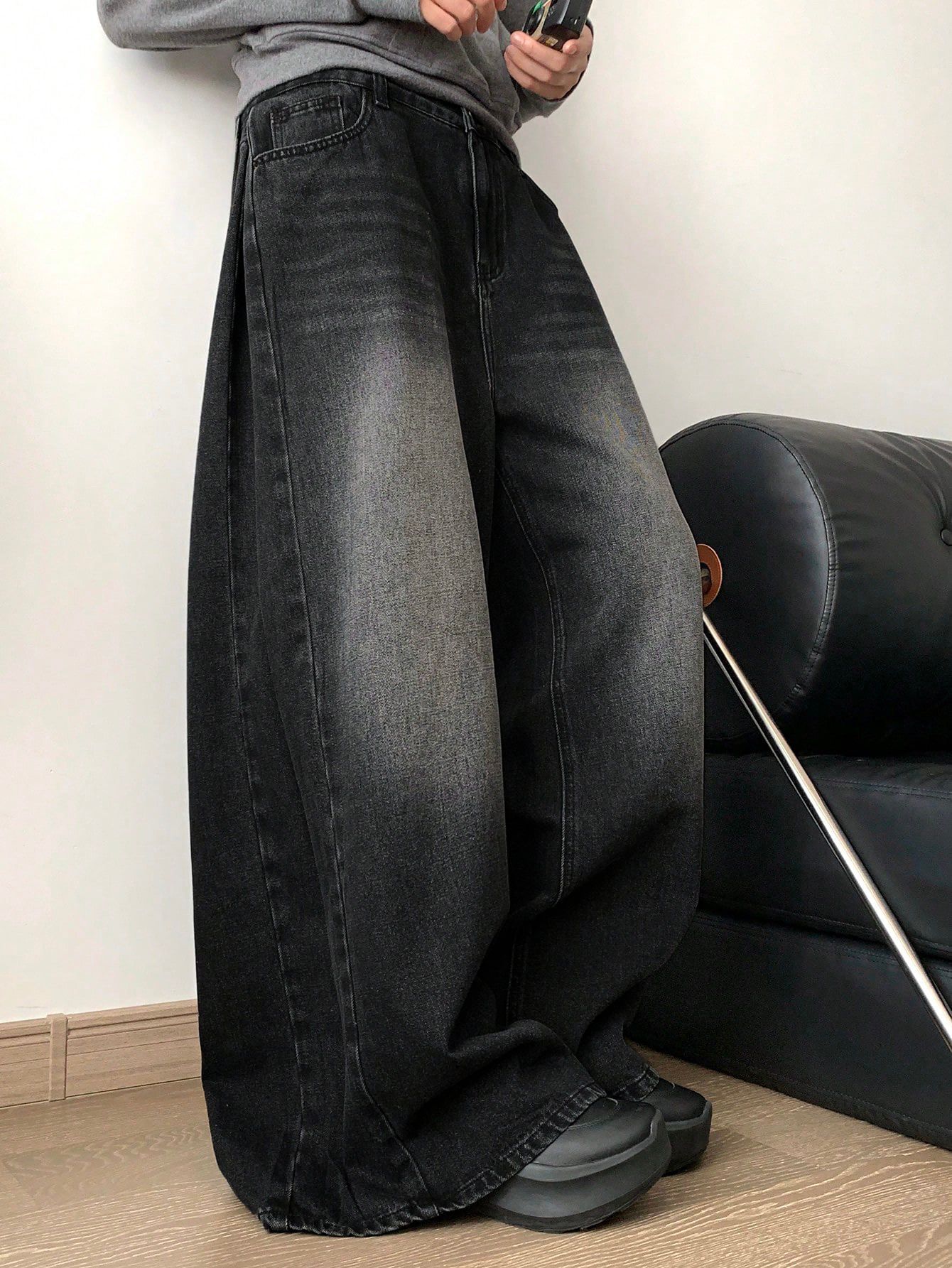 Black Washed Wide Leg Denim Pants - Image 5