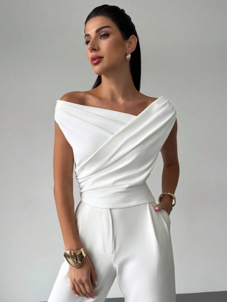 Women's Simple Style One-Shoulder Slim Fit Sleeveless Short Top - Image 2