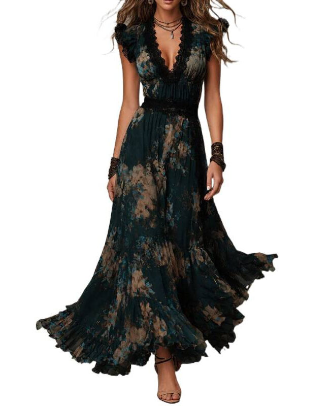 The Rosalie Floral Lace V Neck Flutter Sleeve Chiffon Dress Detail – La Rose Couture Dresses & Gowns