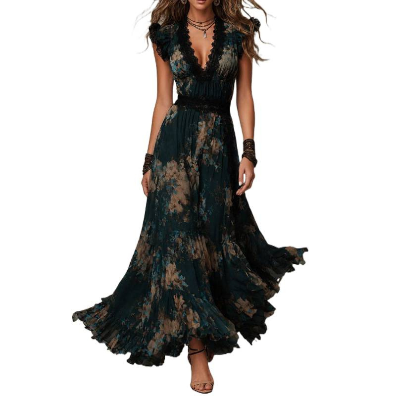 Floral Lace V-Neck Flutter Sleeve Chiffon Dress - Image 3