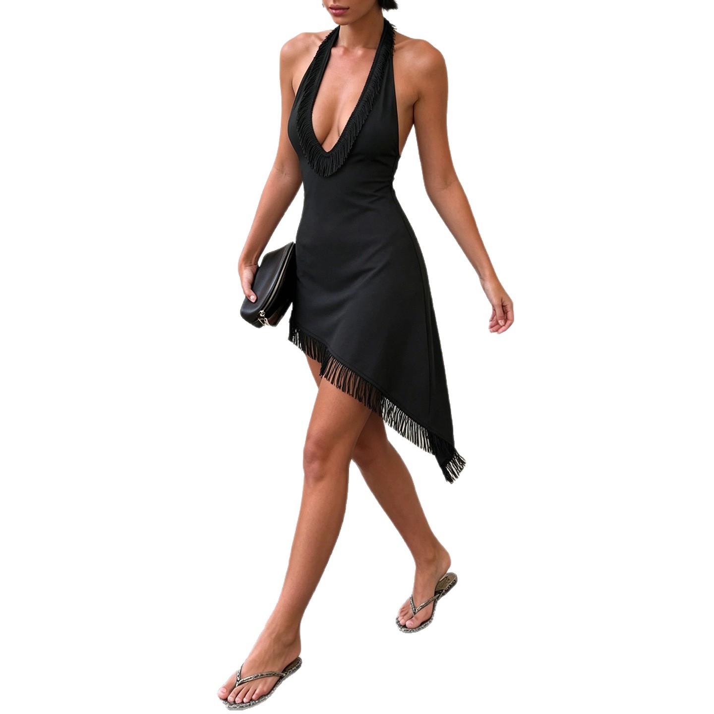 Sexy Tassel Patchwork Deep V Halter Neck Dress - Image 5