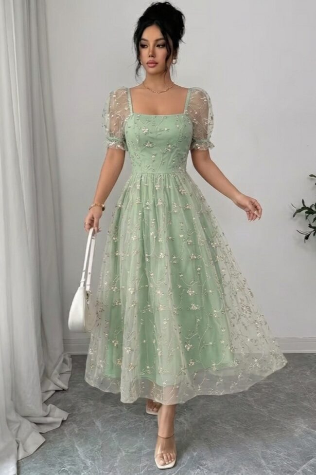 The Clothilde Square Neck Puff Sleeve Embroidered Mesh Midi Dress Detail – La Rose Couture Dresses & Gowns