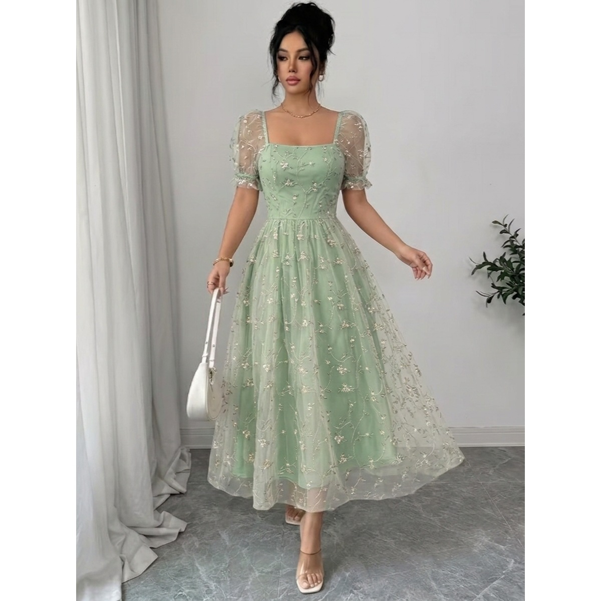 Womens Square Neck Puff Sleeve Embroidered Mesh Midi Dress - Image 3