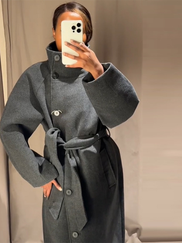 Waist-Cinching Long Woolen Coat Autumn and Winter Coat for Women - Image 3