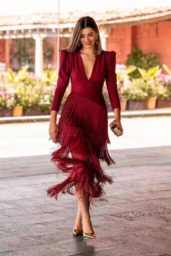 The Gaia Deep V Tassel Slim Fit Dress Detail – La Rose Couture Dresses & Gowns