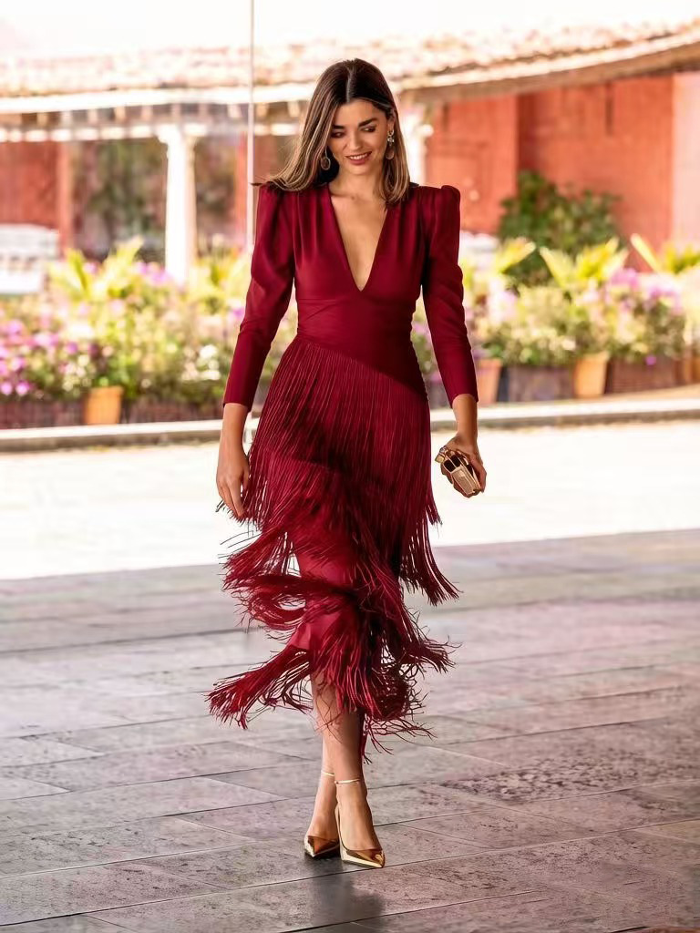 Deep V Tassel Slim Fit Dress - Image 2