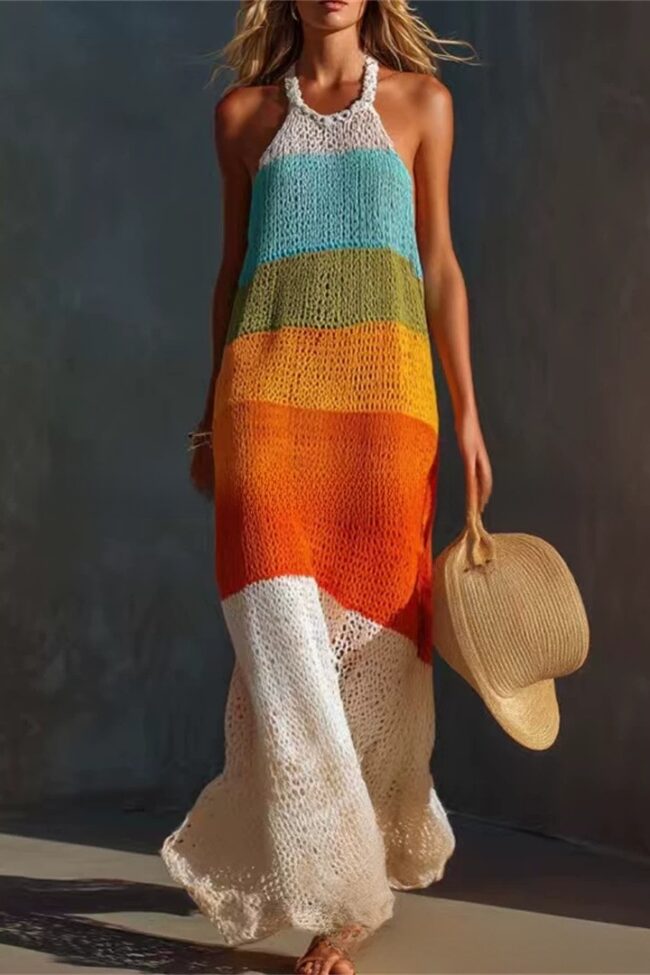 The Delphine Wide Striped Patchwork Round Neck Sleeveless Knitted Fitted Long Dress – La Rose Couture Dresses & Gowns
