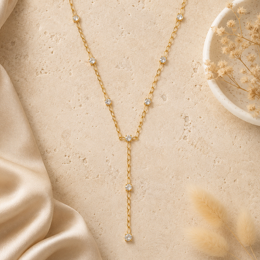 Stainless Steel Necklace Geometric Zircon Inlay 18K Gold Plated - Image 5