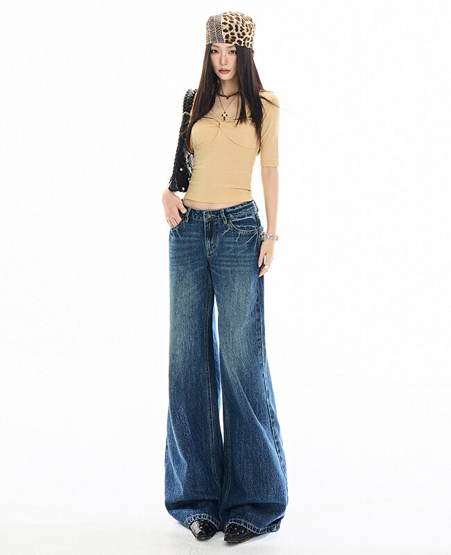 The Solene Casual Omni Vintage Cat Claw Cracked Bamboo Pattern Slightly Flared Jeans Relaxed Pants Detail – La Rose Couture Trousers & Skirts