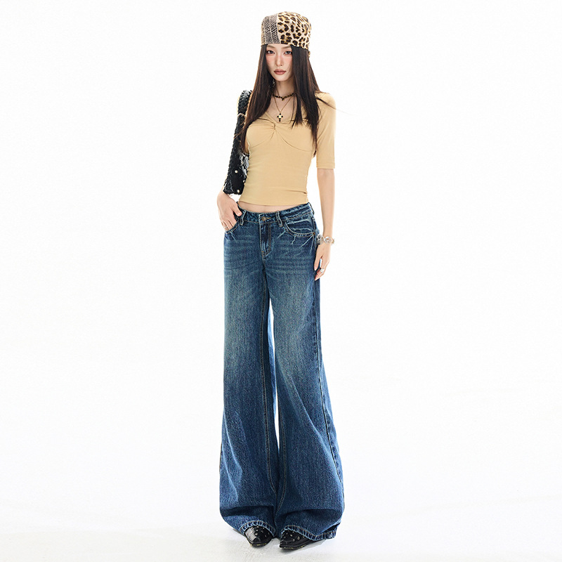 Casual Omni Vintage Cat Claw Cracked Bamboo Pattern Slightly Flared Jeans Relaxed Pants - Image 3