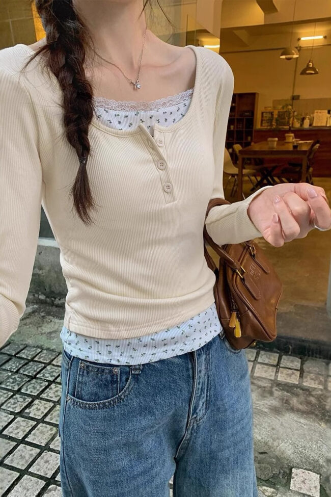 The Laure Fall Winter Imitation Two Piece Long Sleeved Top Detail – La Rose Couture Tops & Blouses