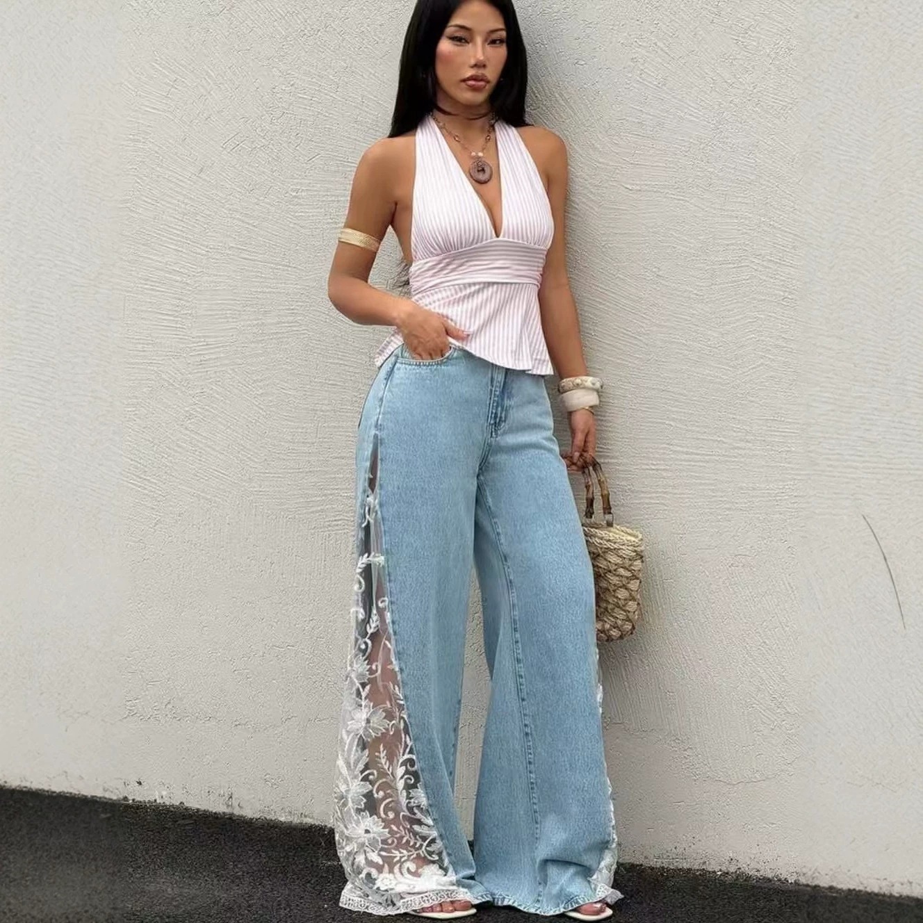 Fashion High Waist Loose Dumped Denim Trousers - Image 3