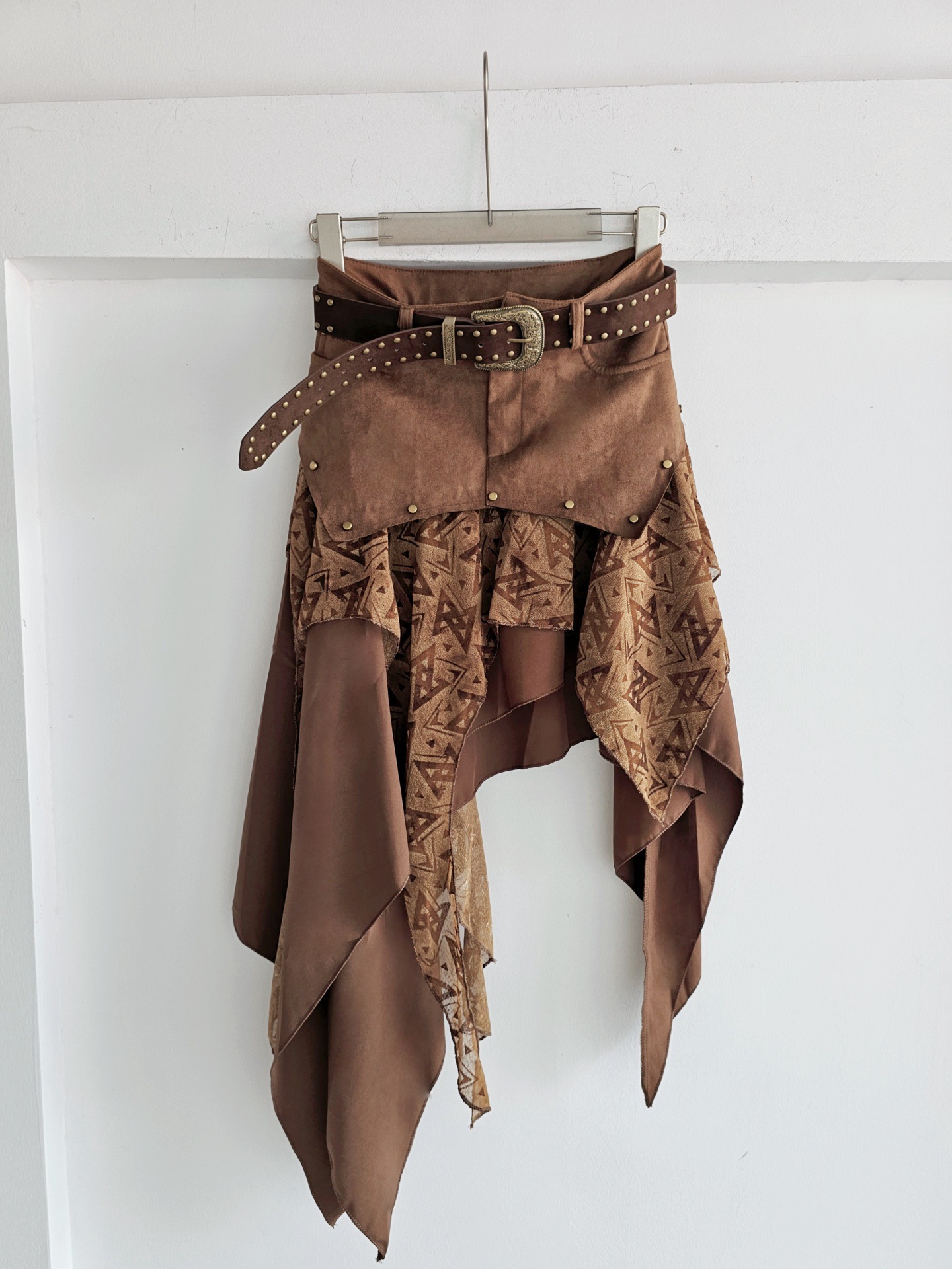 Patchwork Faux Suede Chiffon Midi Skirt - Image 5