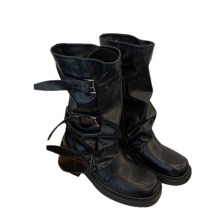 Womens Square Toe Chunky Heel Mid Calf Boots - Image 4