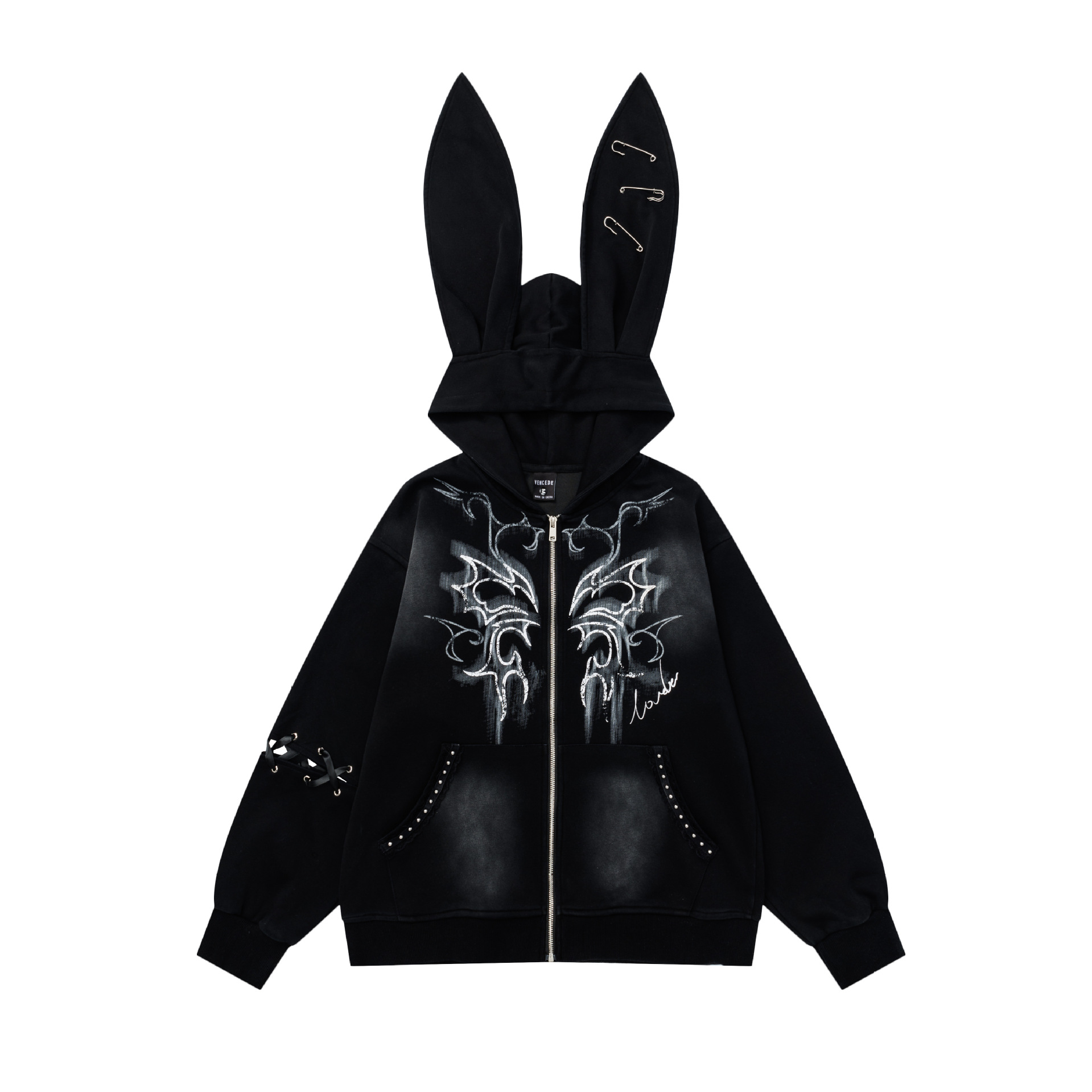 Women Y2K Pin Graffiti Rabbit Ears Hooded Sweatshirt Autumn Streetwear - Image 3