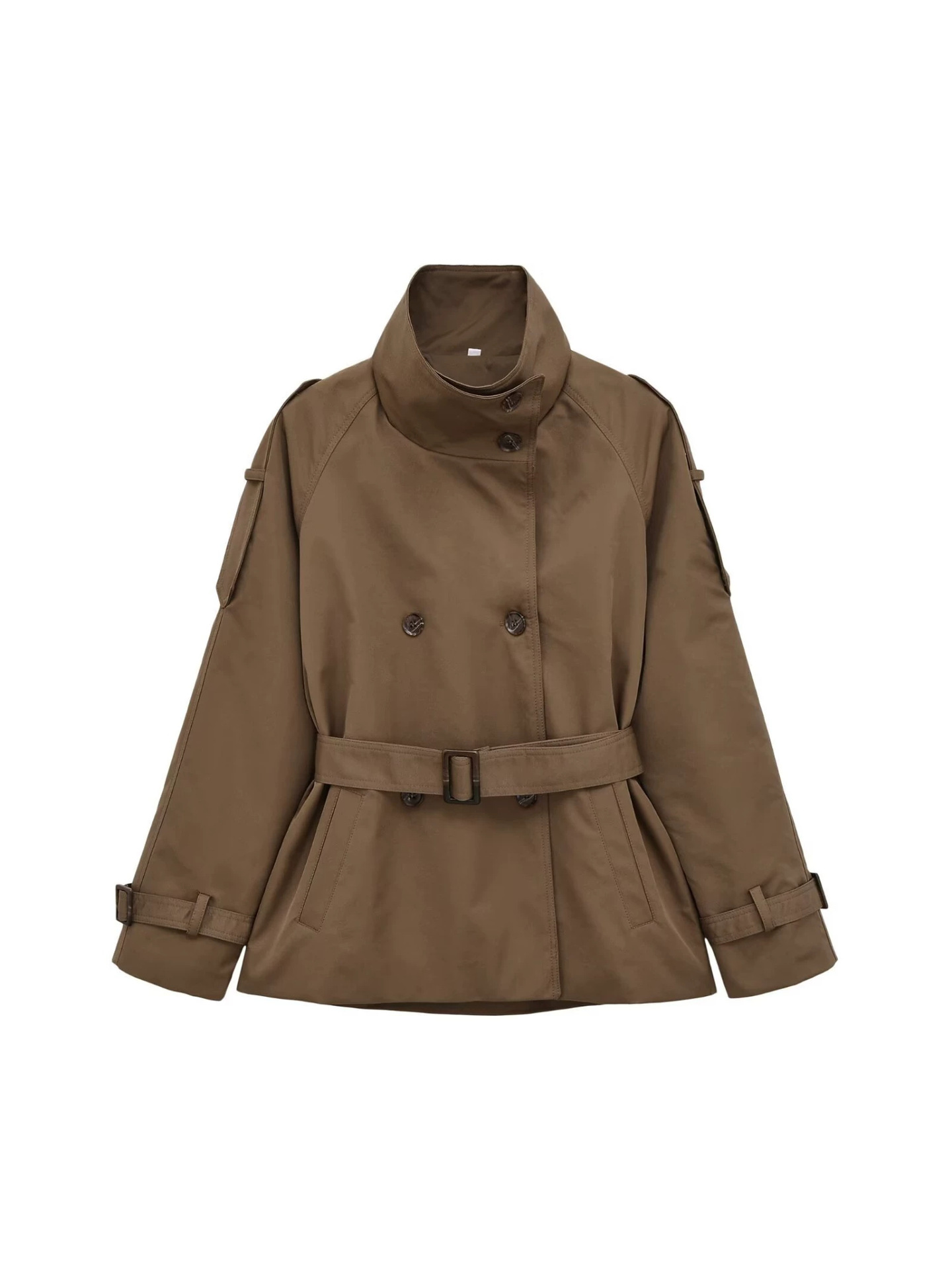 Women's Double-Breasted Stand Collar Belted Long Sleeve Short Trench Coat - Image 4