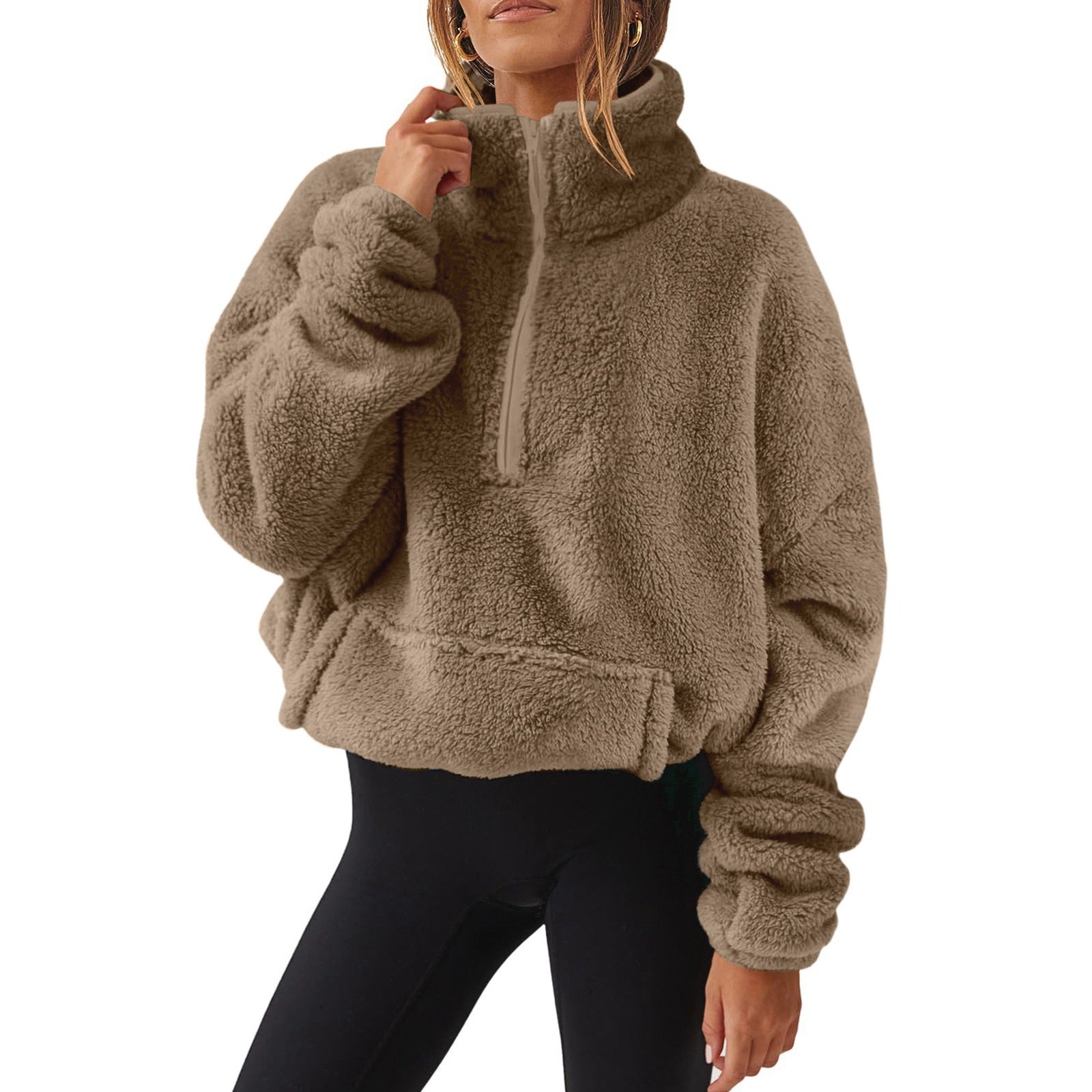 Womens Plush Fleece Half Zip Stand Up Collar Sweatshirt - Image 5
